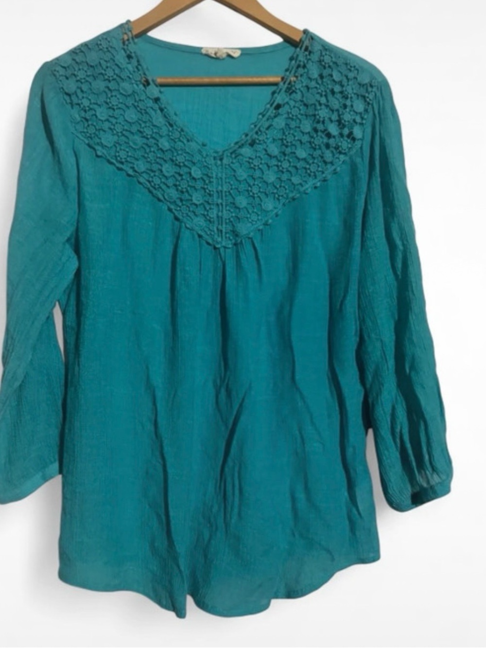 indigo soul Teal Crochet Yoke V-Neck Tunic